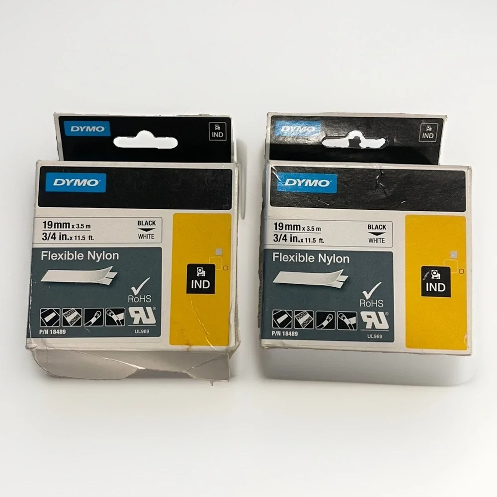 QTY. 2 DYMO 18489 RPRO FLEXIBLE NYLON 19MM X 3.5M BLACK ON WHITE 3.4in x 11.5ft
